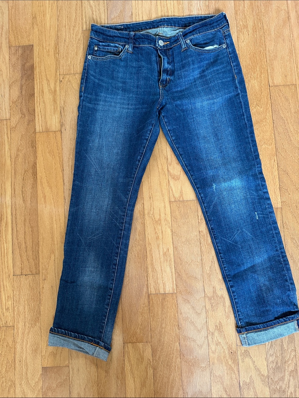 Denim & Supply Ralph Lauren Mid-Blue Straight Leg Jeans, like new. Distressed .